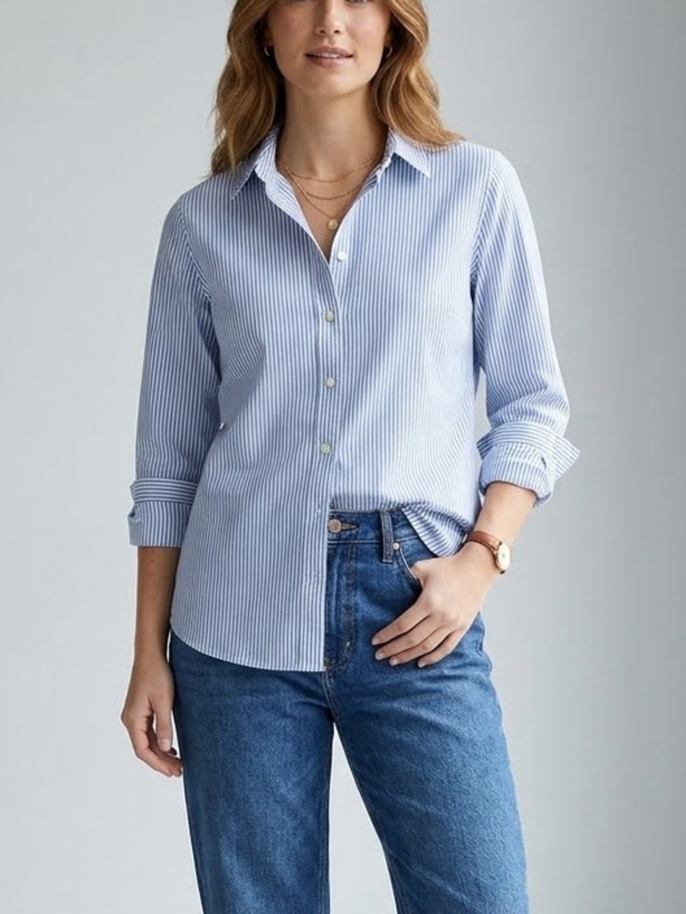 Women's Lands' End Canvas 100% Cotton Striped Long-Sleeve Shirt (Size 8)